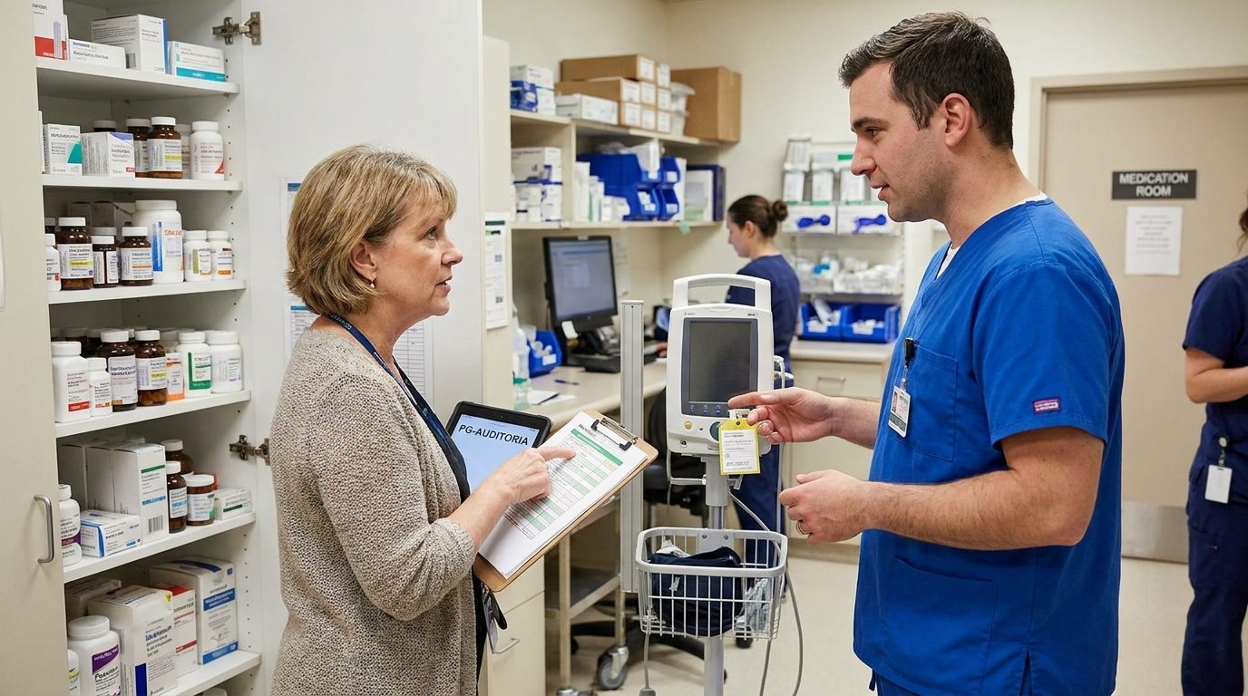 Auditora con lista de verificación recorriendo un servicio de salud junto a un enfermero