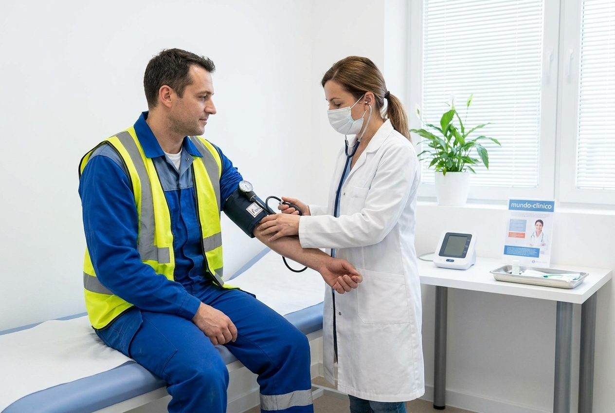 Médica tomando la presión arterial a un trabajador en un consultorio