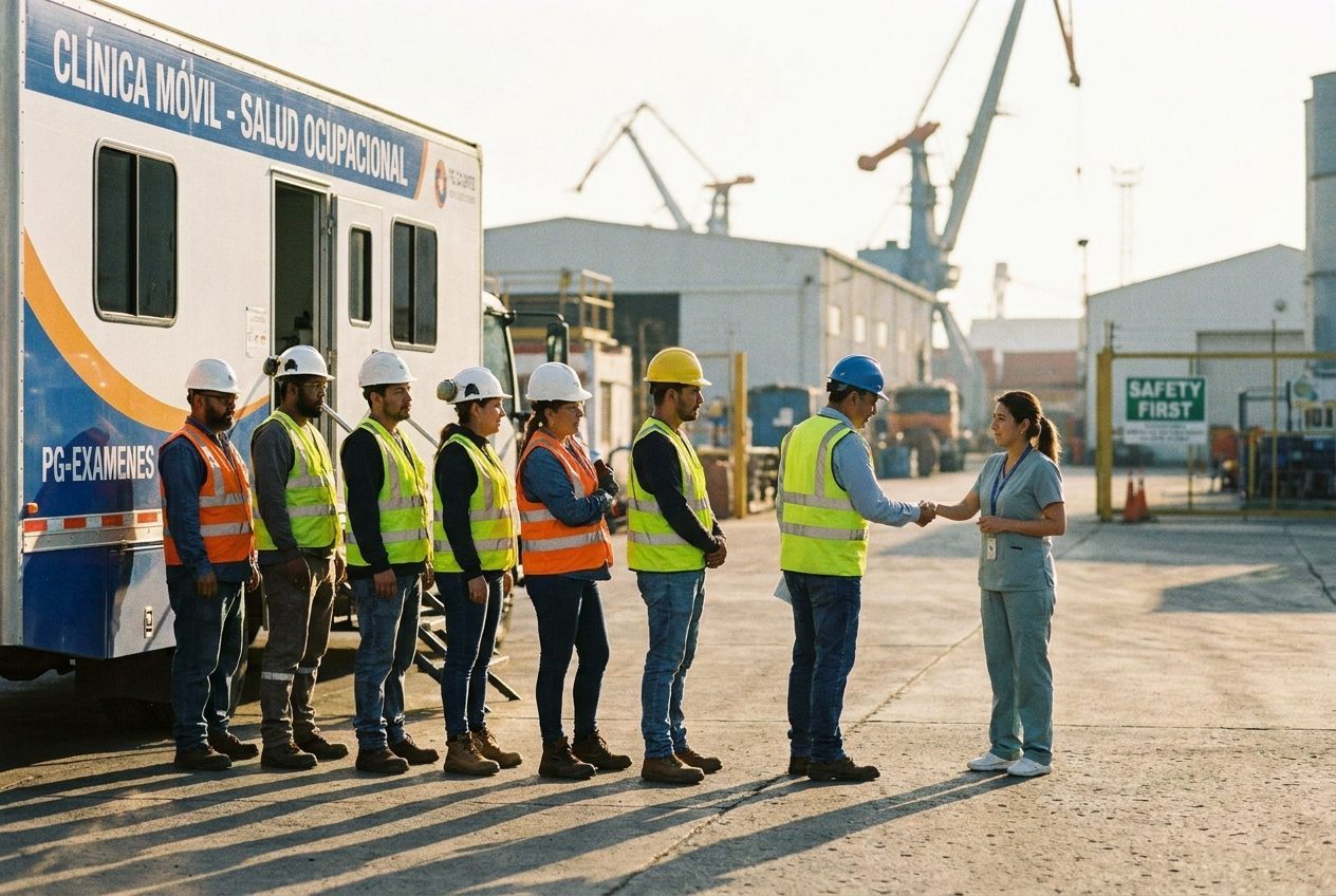 Jornada de exámenes ocupacionales con una unidad móvil y trabajadores en fila con elementos de protección