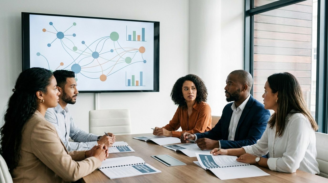 Reunión de supervisión con informes impresos y un tablero de la red de prestadores en pantalla